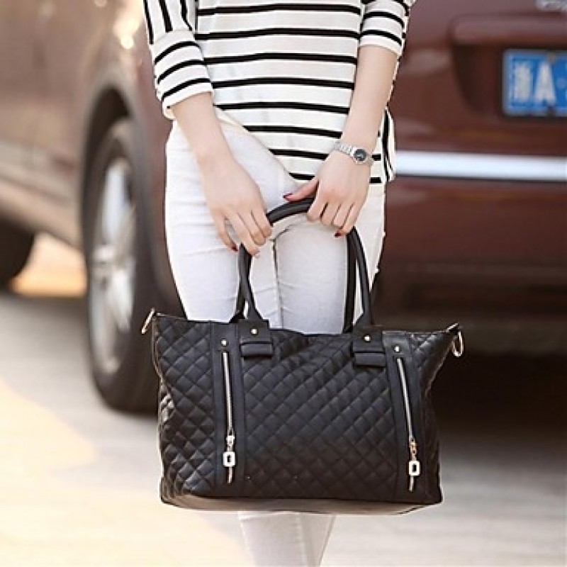 Women's PU Leather Quilted Check Pattern Twin Zipper Shoulder Bag Totes  