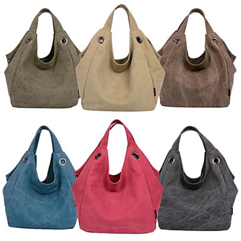 Women Canvas Bag Shoulder Bag Zipper Closure Solid Color Handbag  