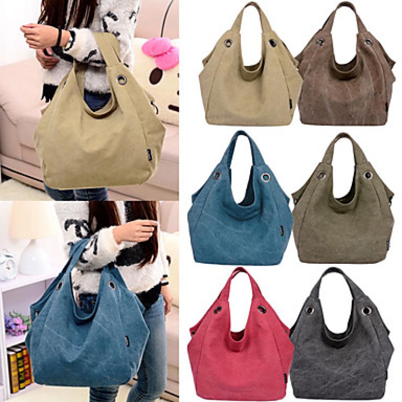 Women Canvas Bag Shoulder Bag Zipper Closure Solid Color Handbag  